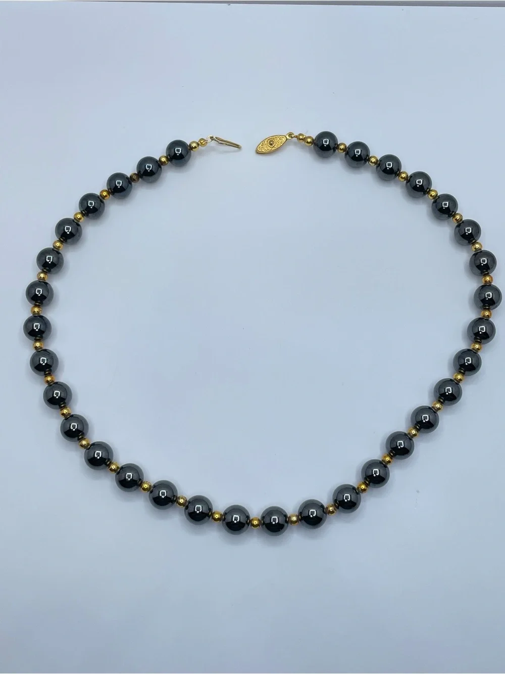 Vintage Hematite Gemstone Gold Beaded Necklace Boho Statement Bold Timeless